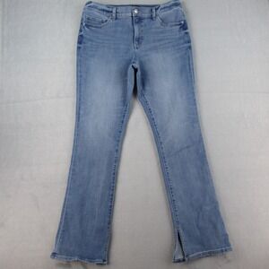 Express Skyscraper Mid Rise Hyper Stretch Jeans 12R Blue Flare Split Hem Denim